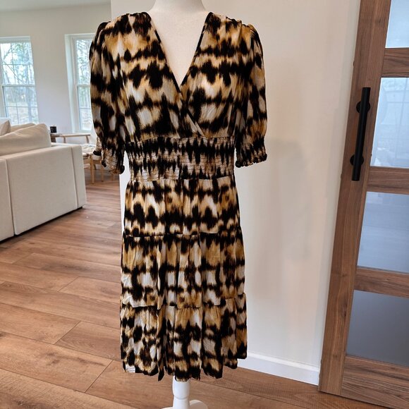 Calvin Klein | 14 Fit & Flare Knee Length Dress Puff Short Sleeve Tiered Smocked - Picture 1 of 15